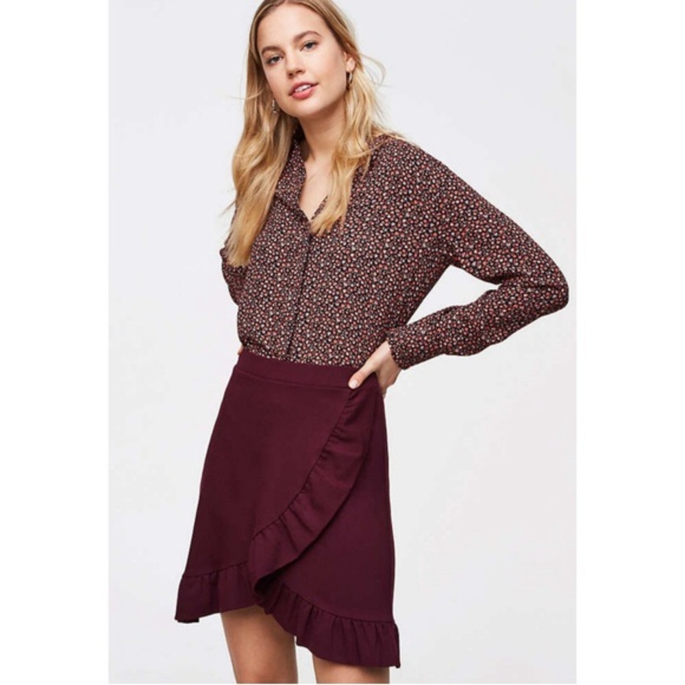 NWT LOFT Burgandy Wine Faux Wrap Ruffle Skirt Size MP